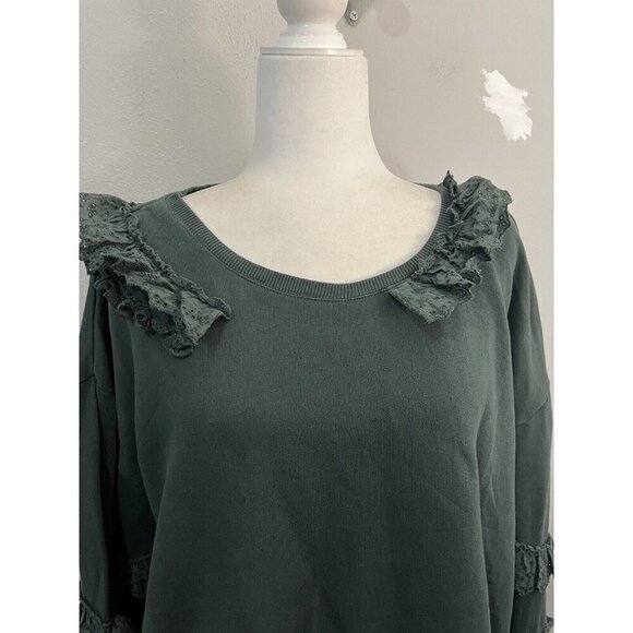 Maeve Ruffled Eyelet Sweatshirt Anthropologie Green Size XL - Picture 2 of 11